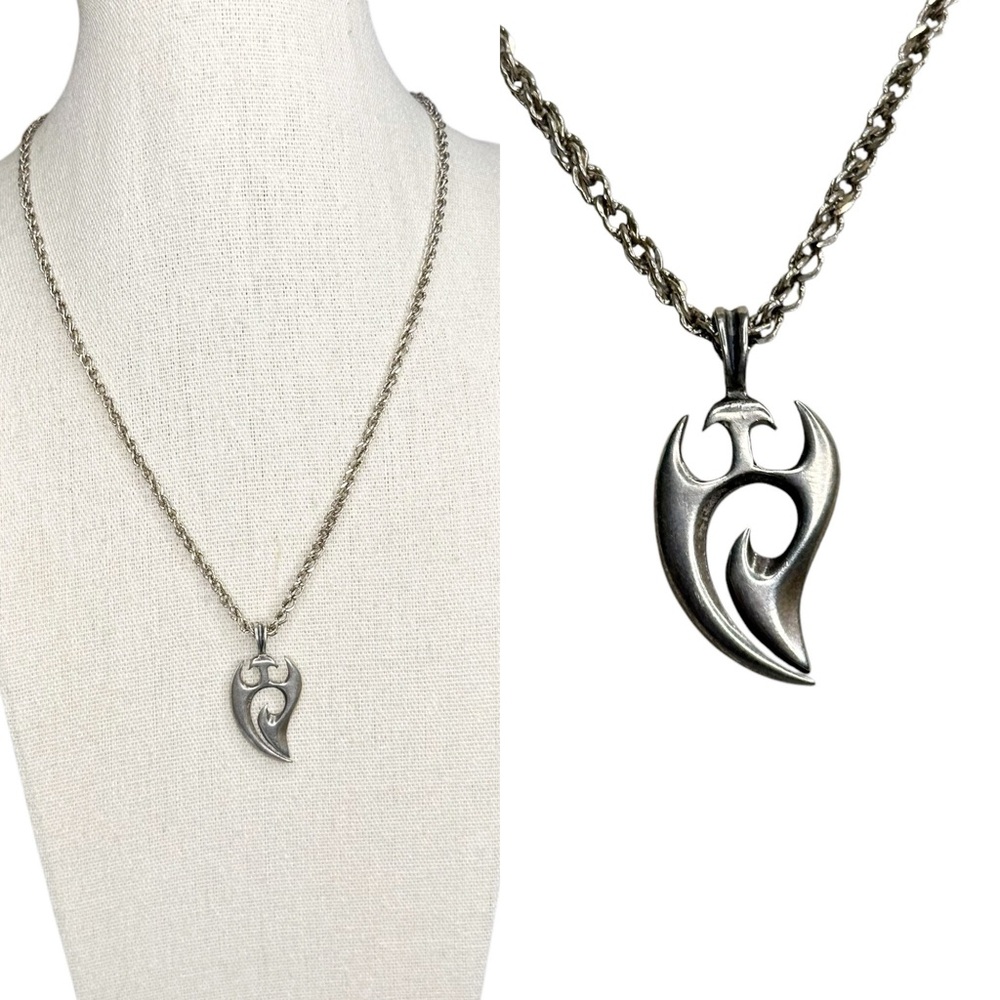 Vintage Maori Tribal Flame Silver Tone Pendant Necklace